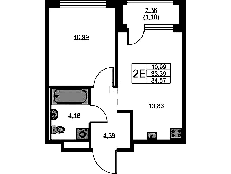 1-комнатная квартира 34.57 м², 5/9 эт., ЖК «GloraX Новоселье»